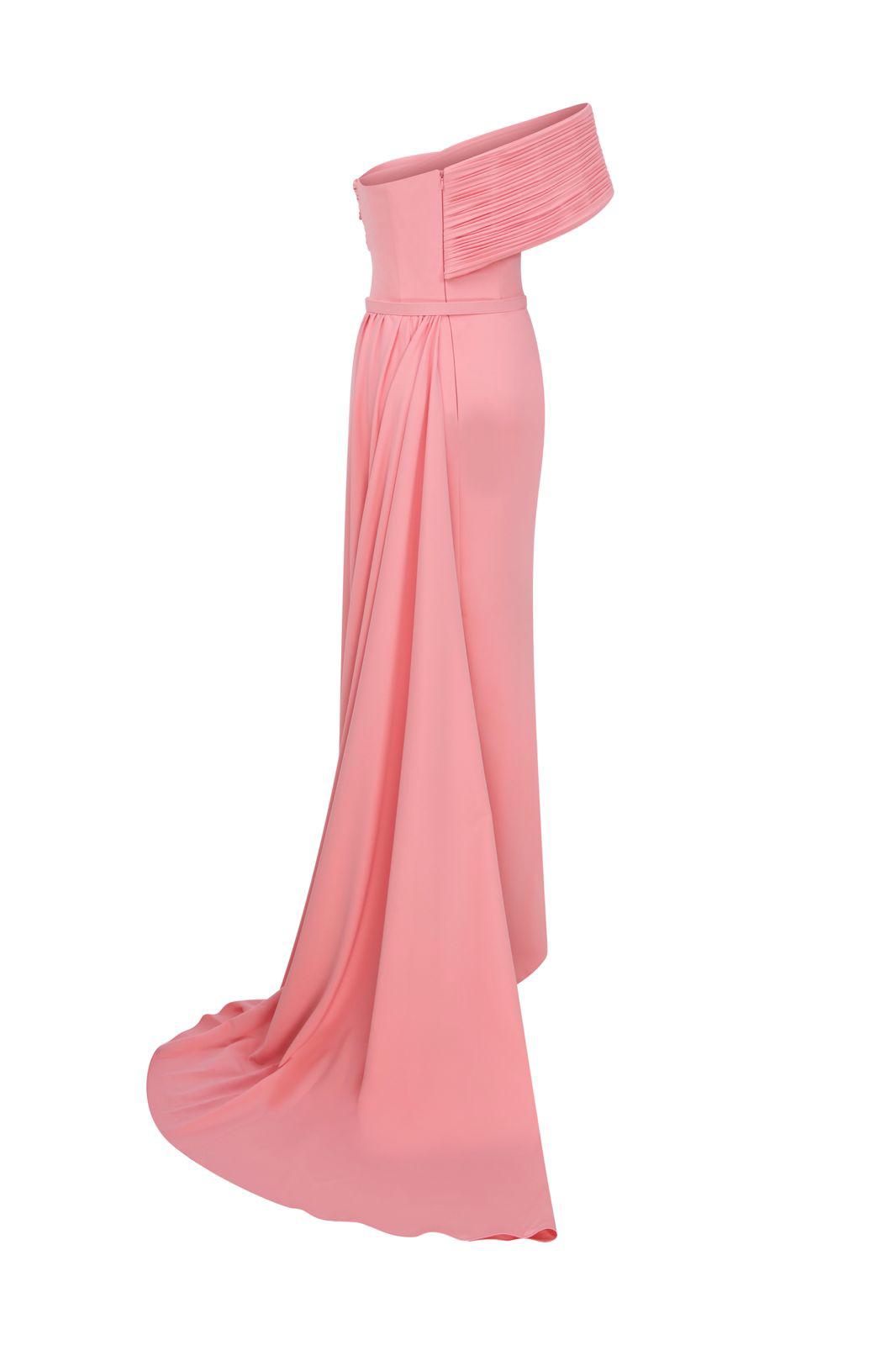 Nour Fathallah N0604 - Asymmetrical Crepe Gown with Off-Shoulder Sleeve