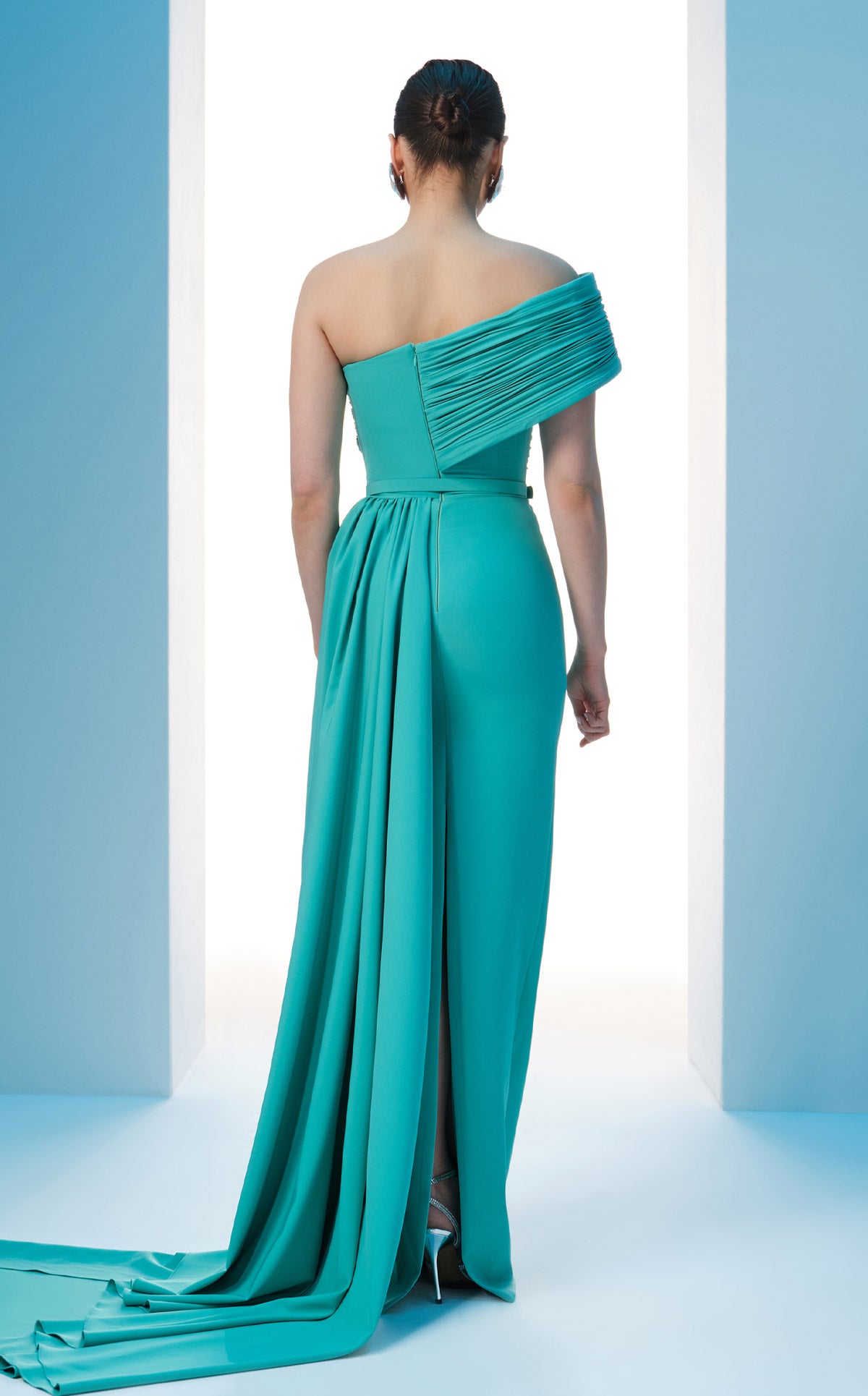 Nour Fathallah N0604 - Asymmetrical Crepe Gown with Off-Shoulder Sleeve