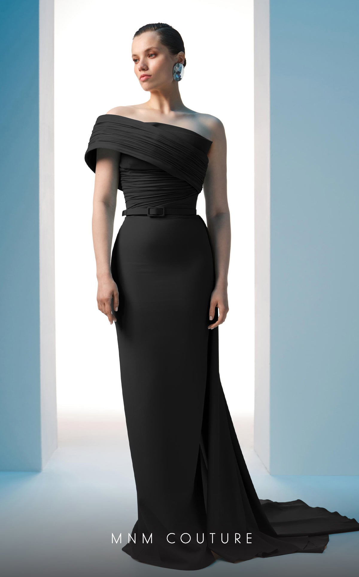 Nour Fathallah N0604 - Asymmetrical Crepe Gown with Off-Shoulder Sleeve