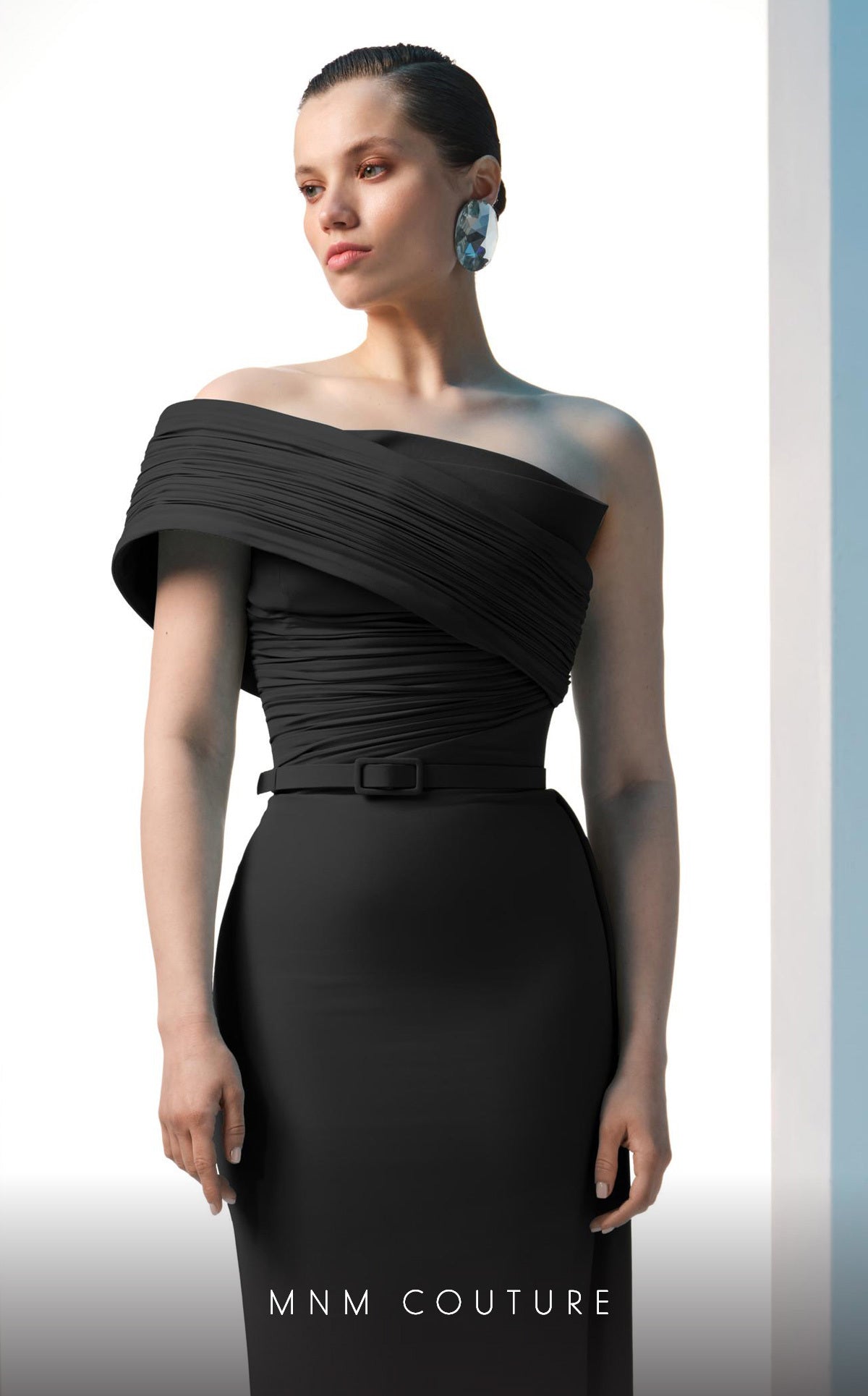 Nour Fathallah N0604 - Asymmetrical Crepe Gown with Off-Shoulder Sleeve
