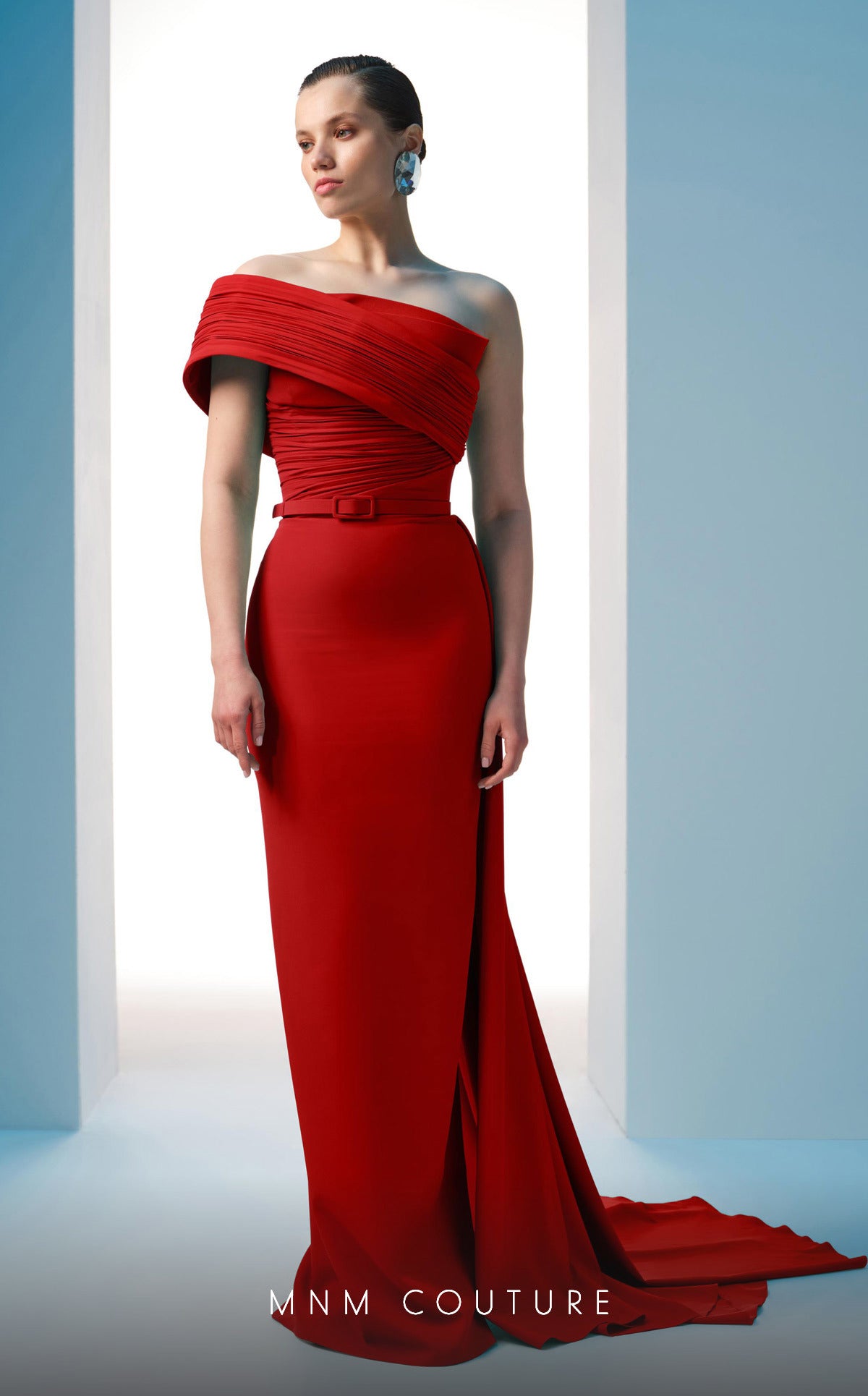 Nour Fathallah N0604 - Asymmetrical Crepe Gown with Off-Shoulder Sleeve