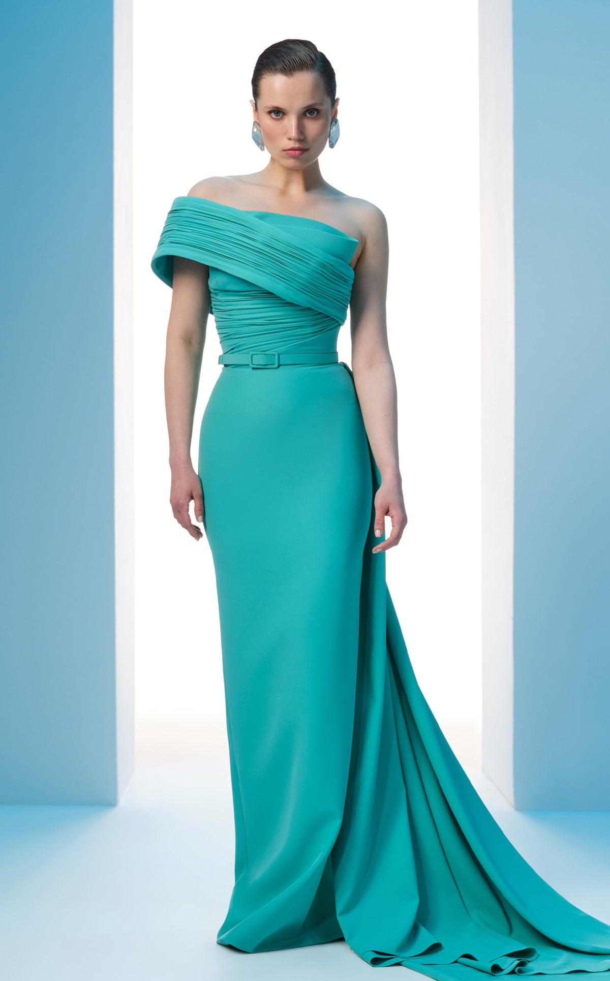 Nour Fathallah N0604 - Asymmetrical Crepe Gown with Off-Shoulder Sleeve