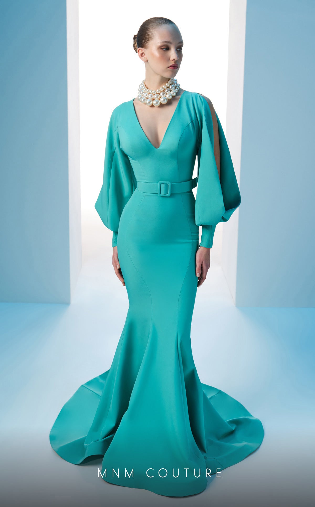 Nour Fathallah N0605 - Crepe Mermaid Gown with Puffed Sleeves