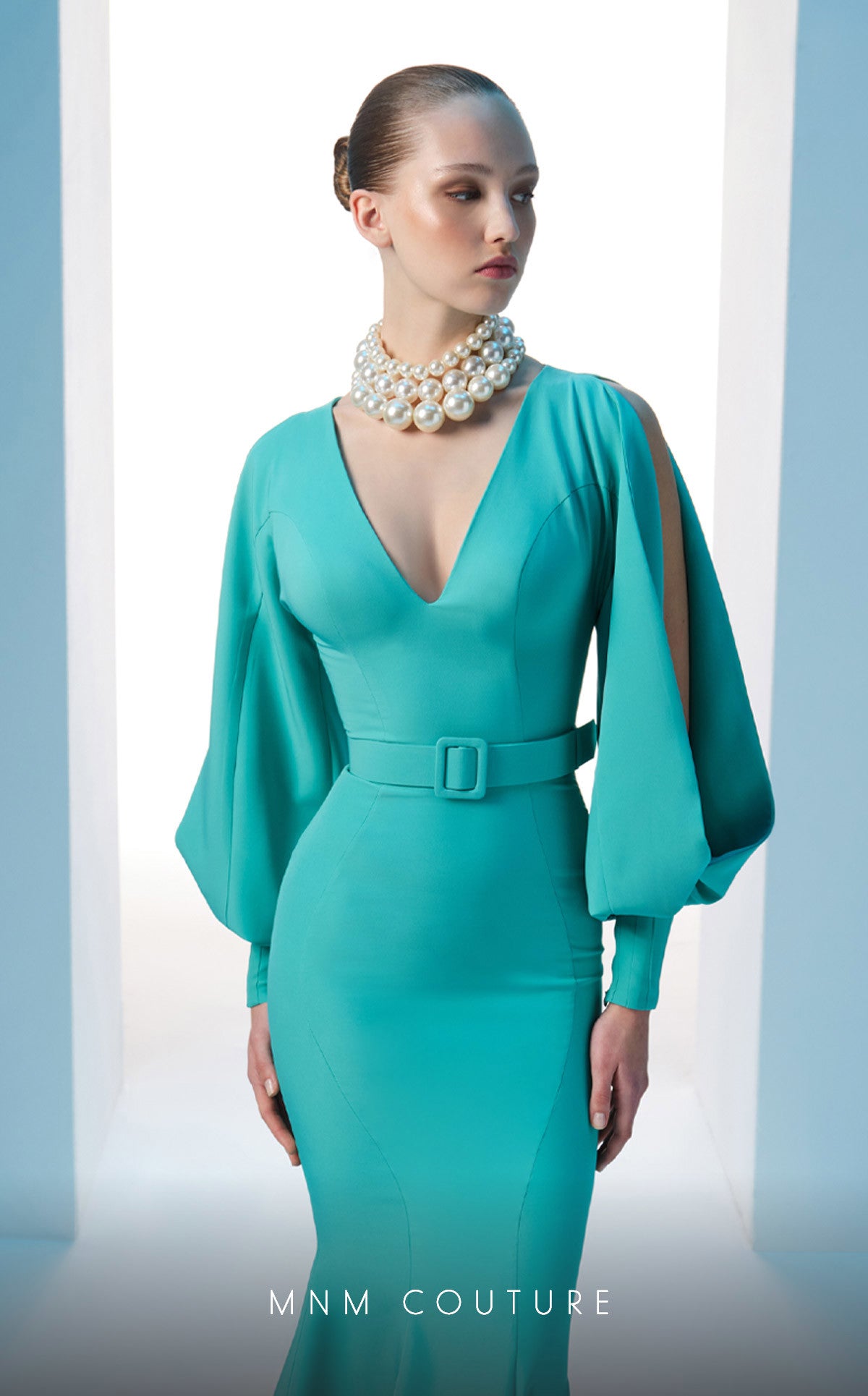 Nour Fathallah N0605 - Crepe Mermaid Gown with Puffed Sleeves
