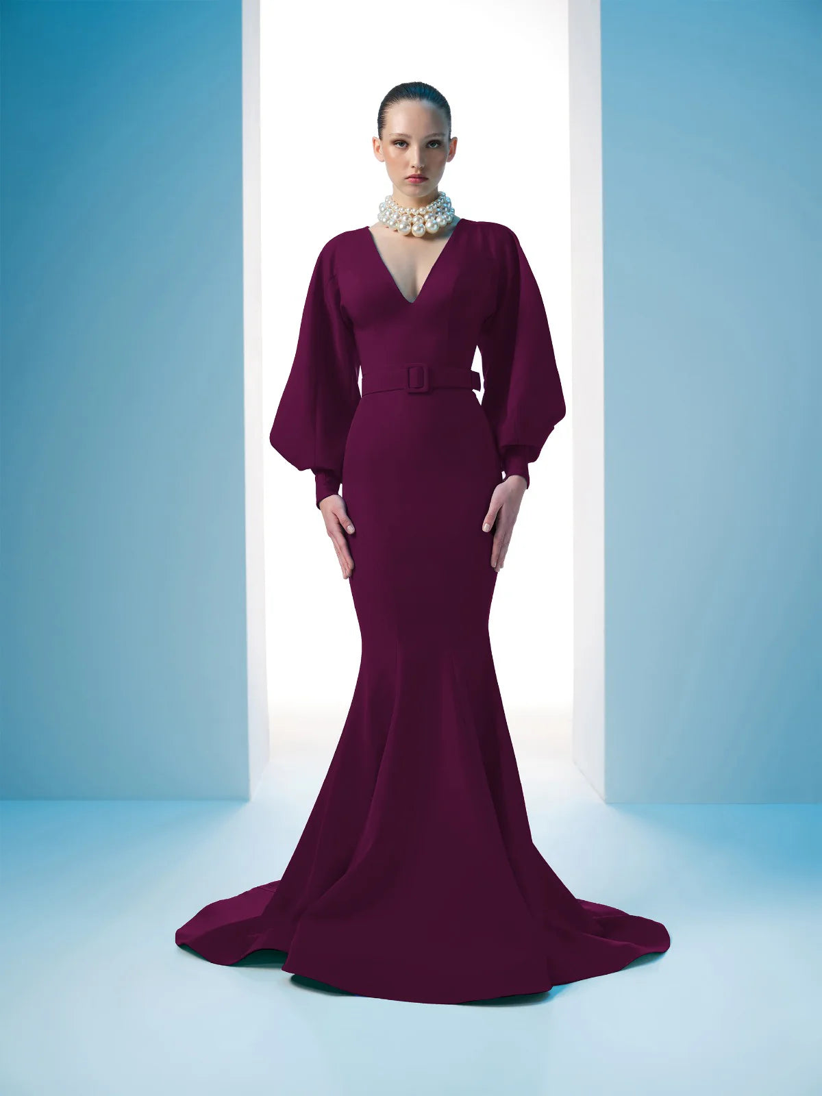 Nour Fathallah N0605 - Crepe Mermaid Gown with Puffed Sleeves