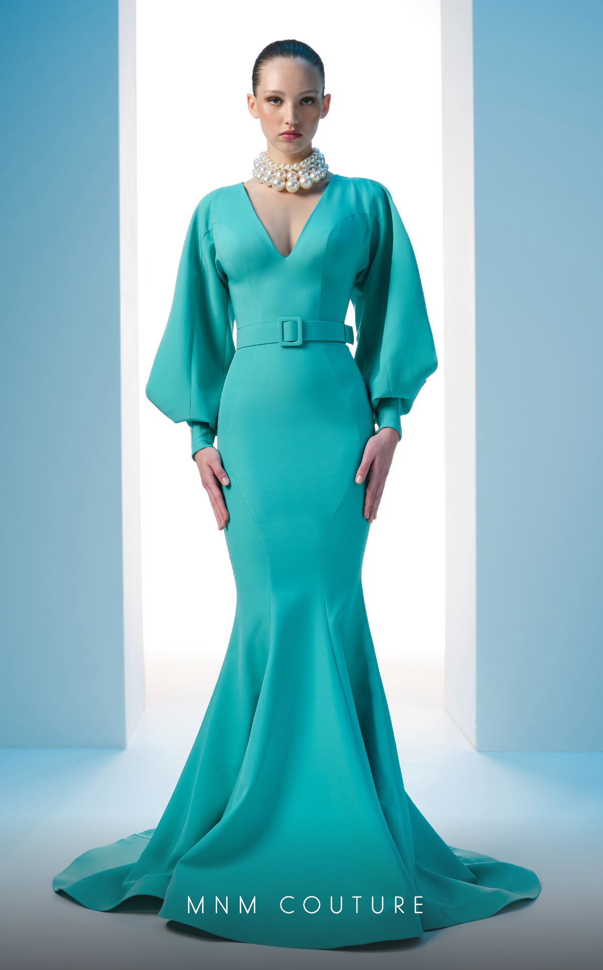 Nour Fathallah N0605 - Crepe Mermaid Gown with Puffed Sleeves