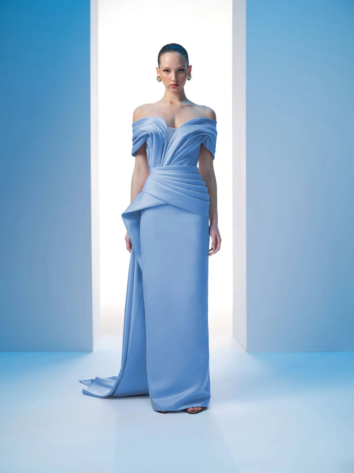 Nour Fathallah N0607 - Strapless Matt Satin Gown with Draped Details