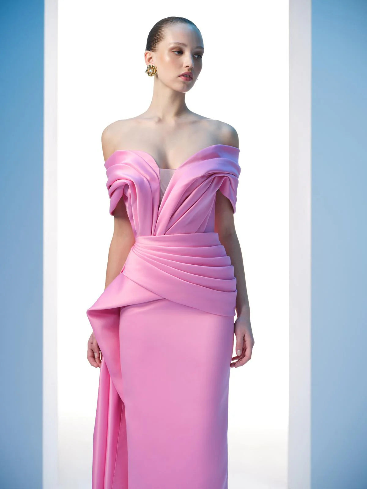 Nour Fathallah N0607 - Strapless Matt Satin Gown with Draped Details