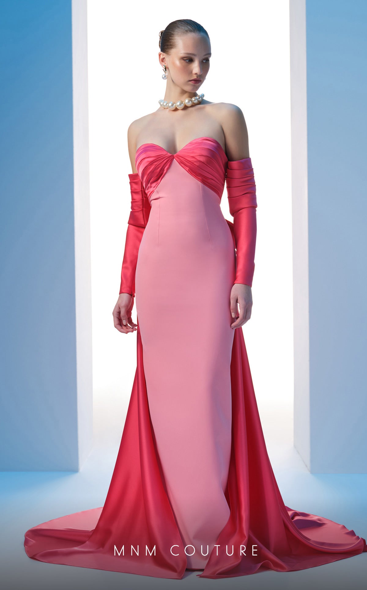 Nour Fathallah N0609 - Strapless Crepe & Satin Gown with Off-Shoulder Sleeves