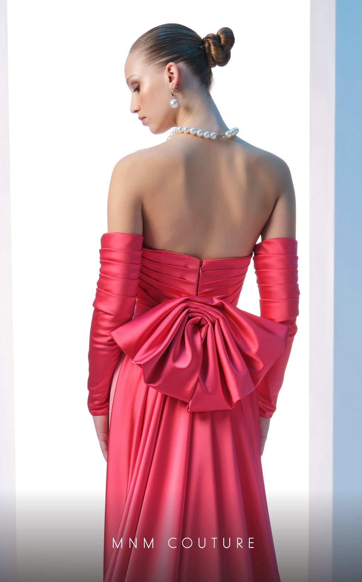 Nour Fathallah N0609 - Strapless Crepe & Satin Gown with Off-Shoulder Sleeves
