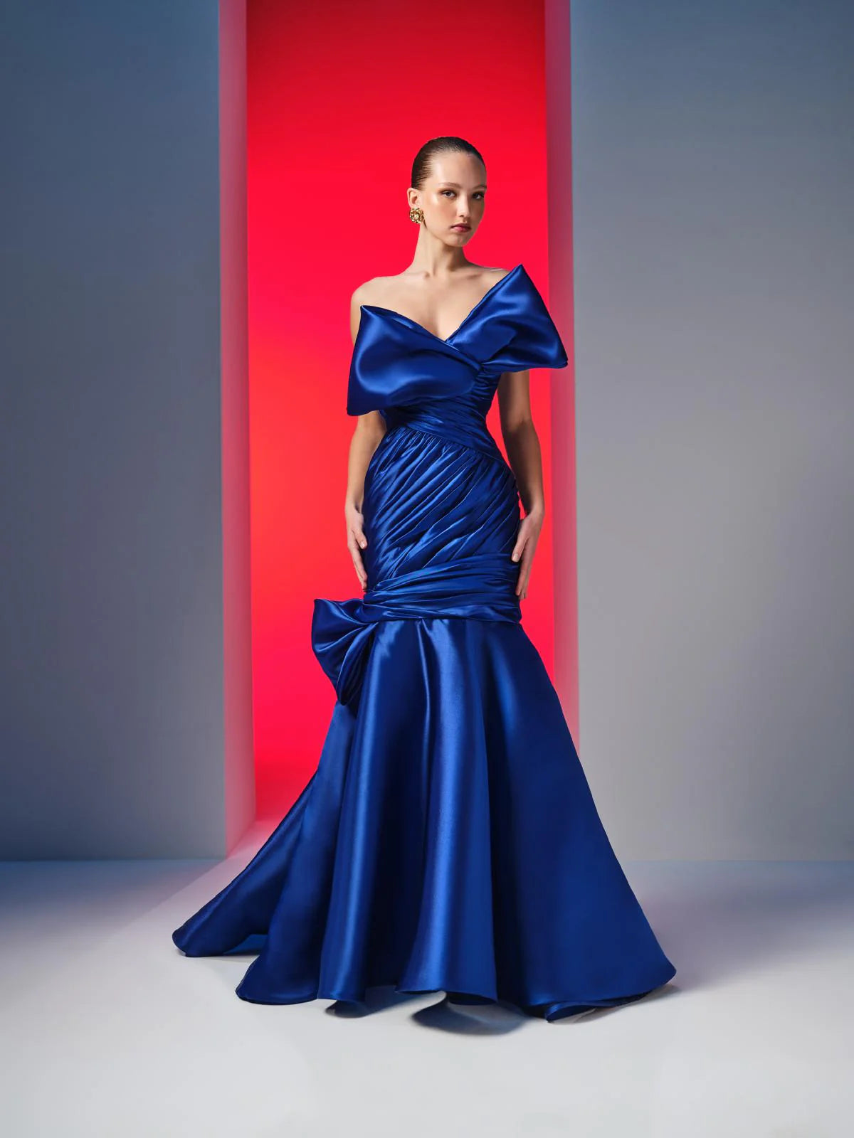 Nour Fathallah N0611 - Strapless Satin Organza Mermaid Gown with Draped Tie