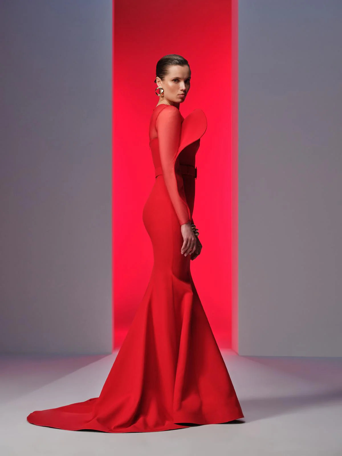 Nour Fathallah N0613 - Crepe Mermaid Gown with Illusion Round Neck