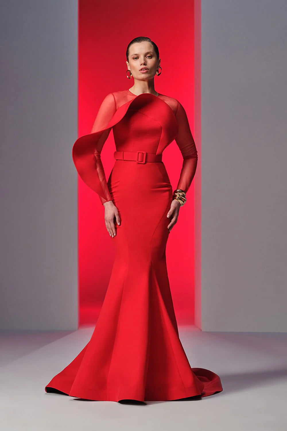 Nour Fathallah N0613 - Crepe Mermaid Gown with Illusion Round Neck