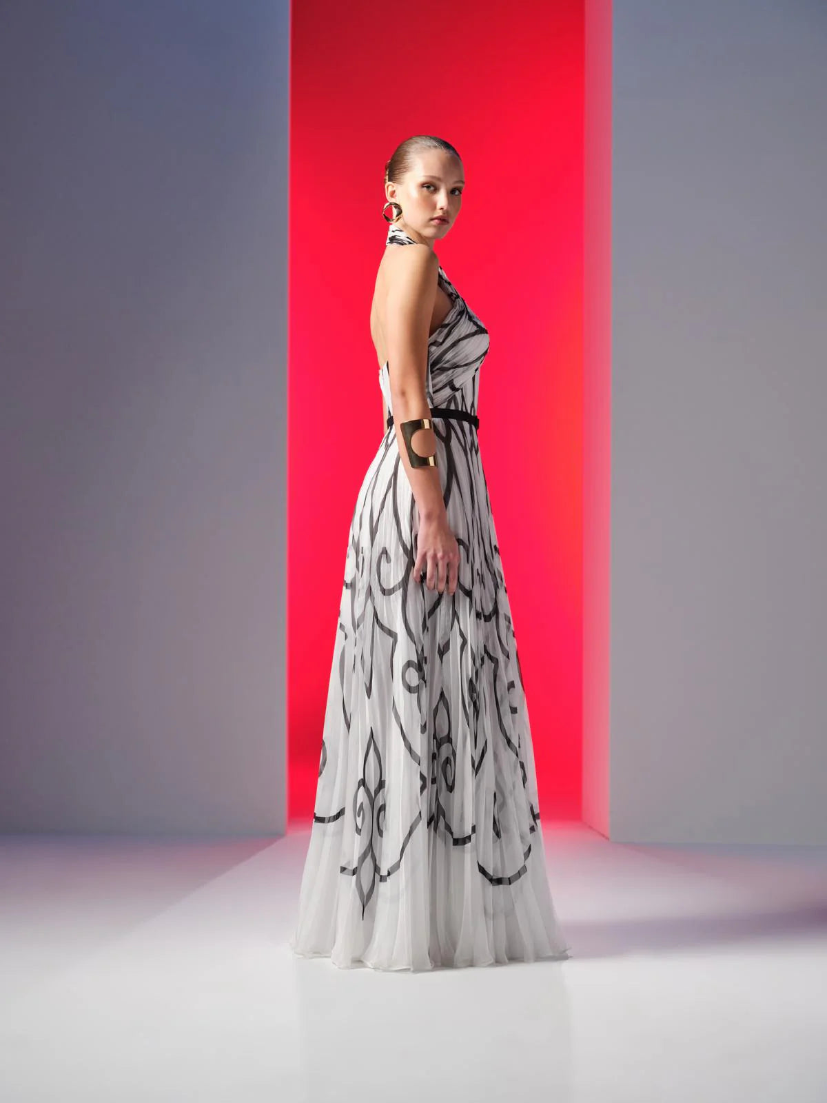 Nour Fathallah N0614 - Printed Chiffon Plisse Gown with Cross Halter Neck