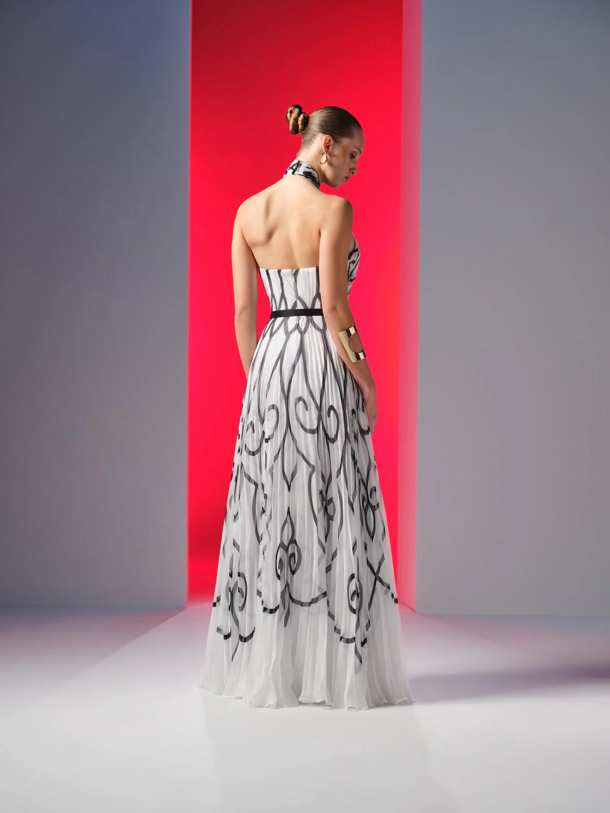 Nour Fathallah N0614 - Printed Chiffon Plisse Gown with Cross Halter Neck