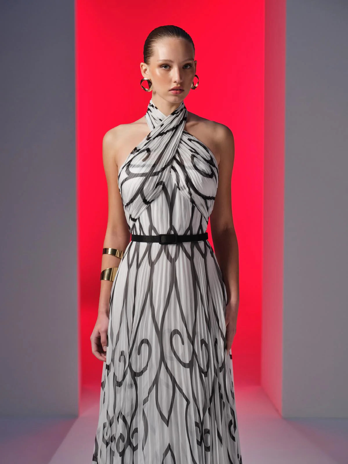 Nour Fathallah N0614 - Printed Chiffon Plisse Gown with Cross Halter Neck