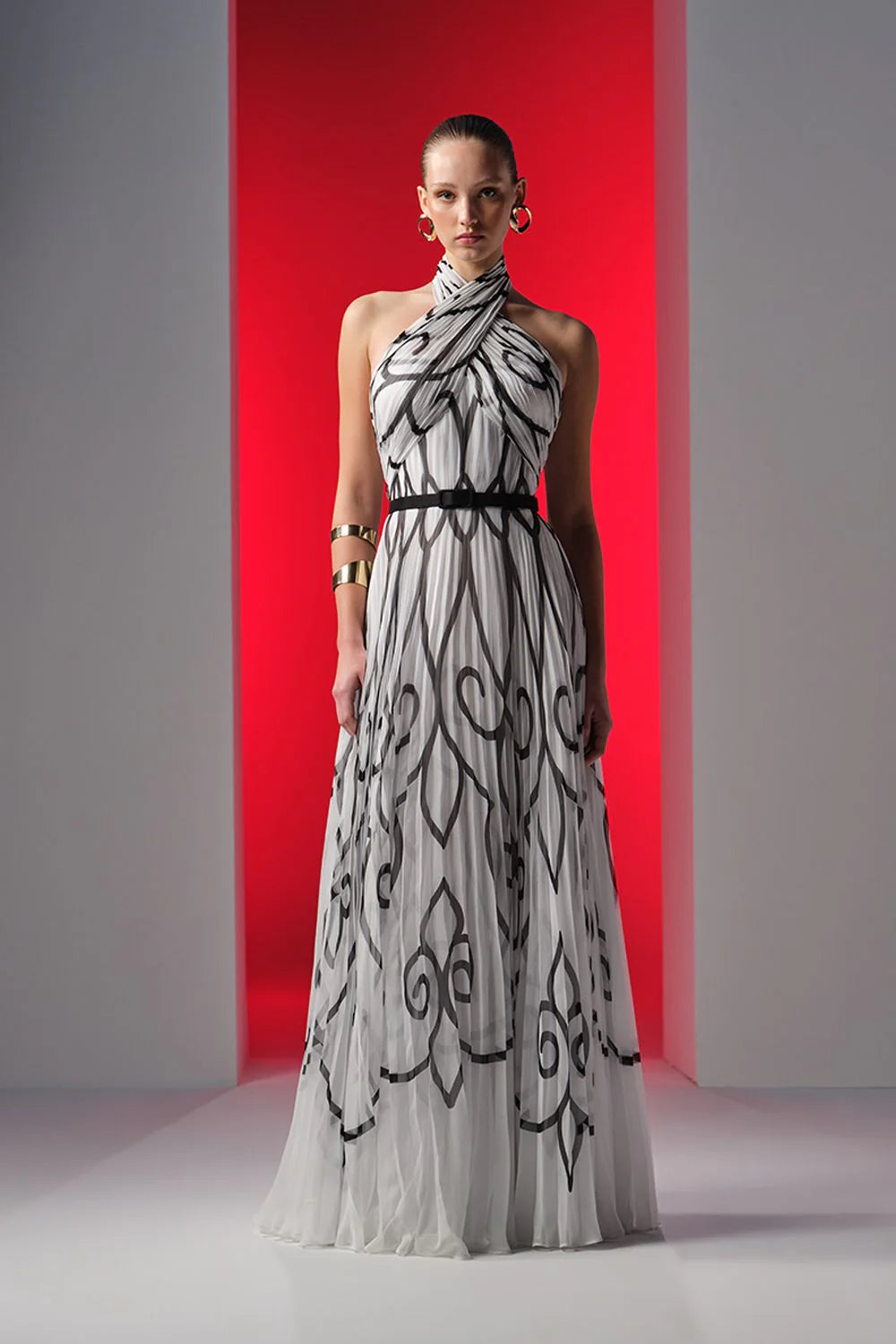 Nour Fathallah N0614 - Printed Chiffon Plisse Gown with Cross Halter Neck