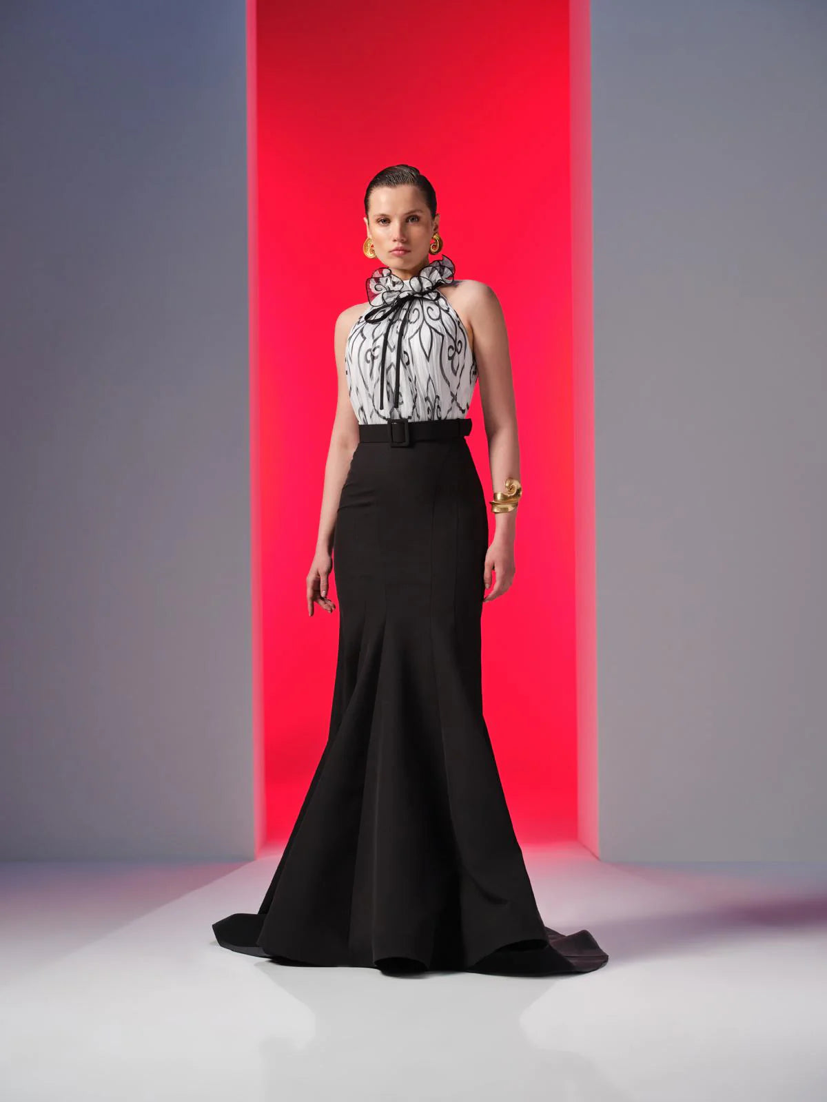 Nour Fathallah N0615 - Printed Chiffon & Crepe Mermaid Gown with High Neck