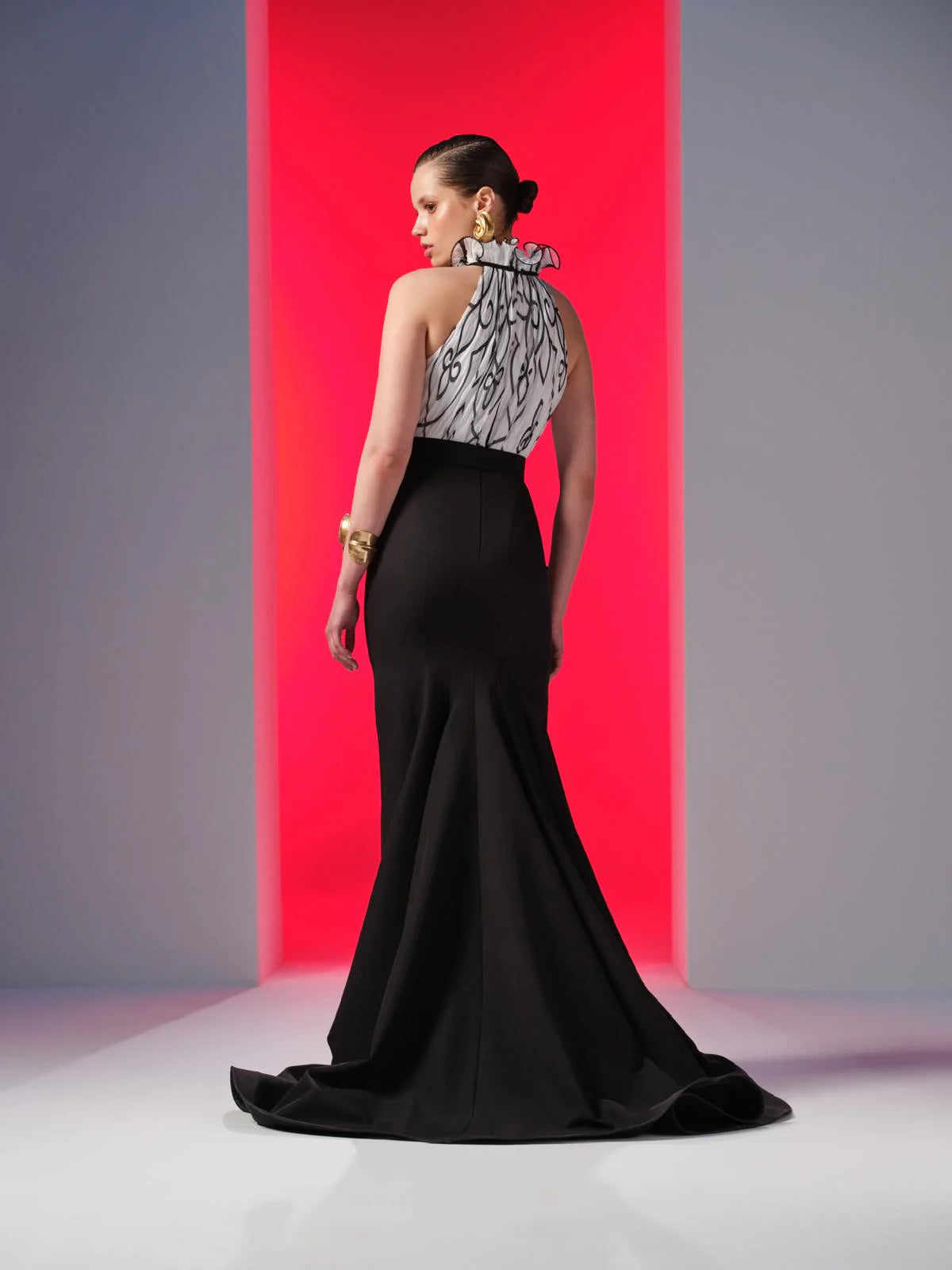 Nour Fathallah N0615 - Printed Chiffon & Crepe Mermaid Gown with High Neck