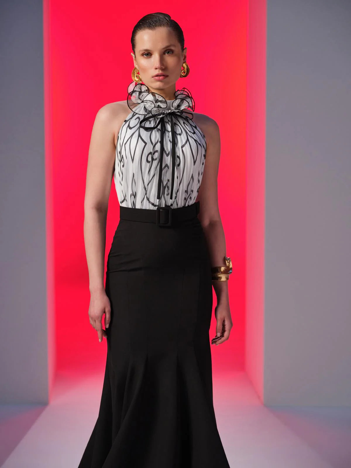 Nour Fathallah N0615 - Printed Chiffon & Crepe Mermaid Gown with High Neck