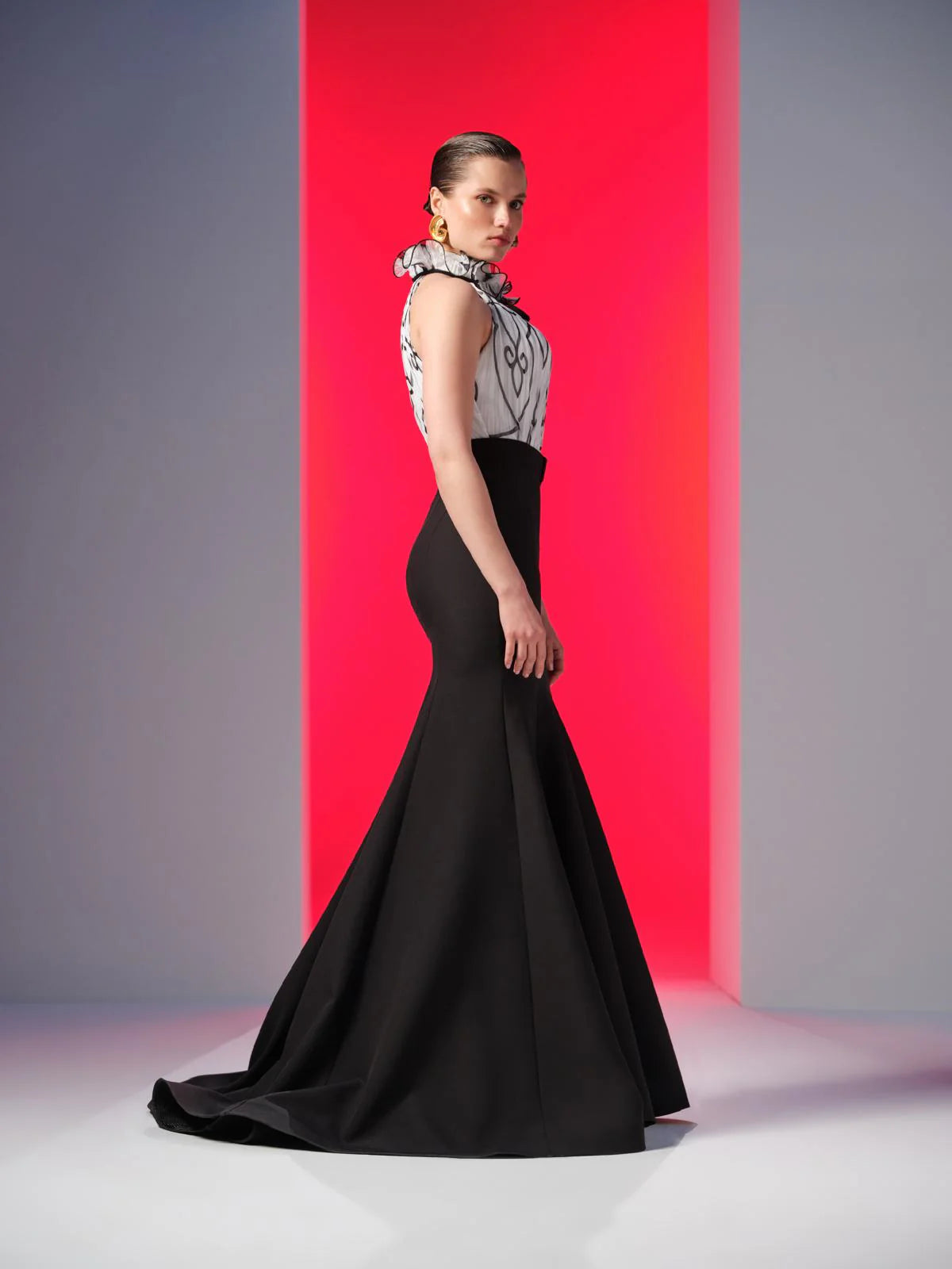 Nour Fathallah N0615 - Printed Chiffon & Crepe Mermaid Gown with High Neck