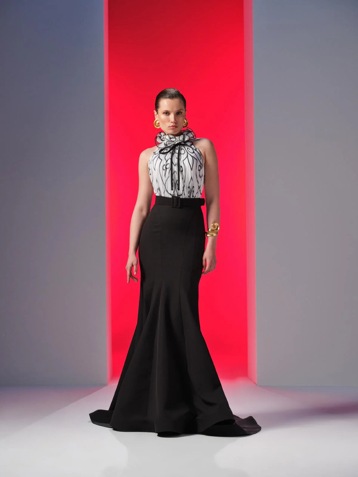 Nour Fathallah N0615 - Printed Chiffon & Crepe Mermaid Gown with High Neck