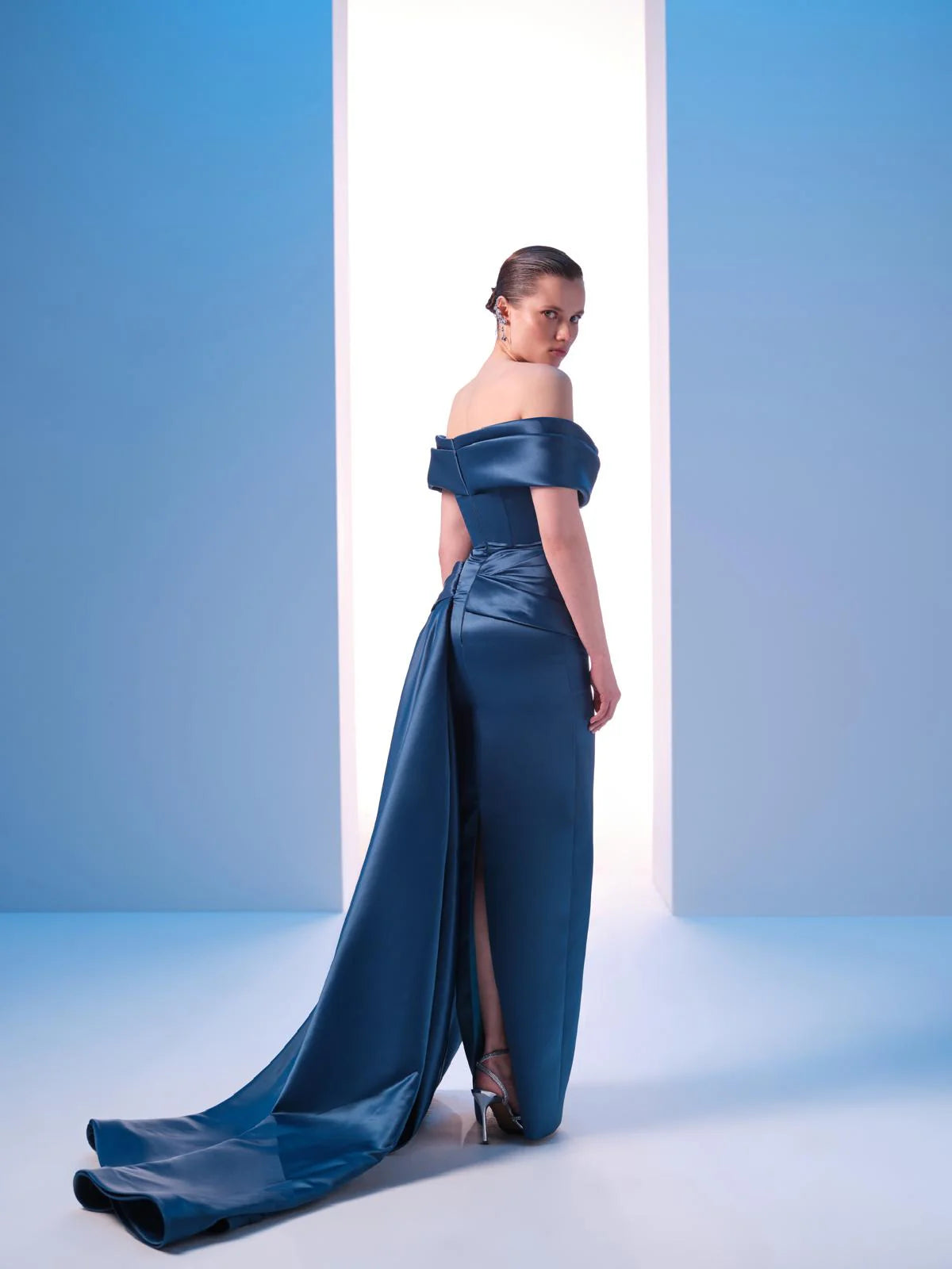 Nour Fathallah N0617 - Strapless Matt Satin & Payet Gown with Tail