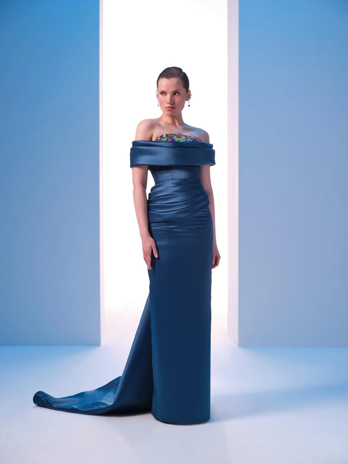 Nour Fathallah N0617 - Strapless Matt Satin & Payet Gown with Tail