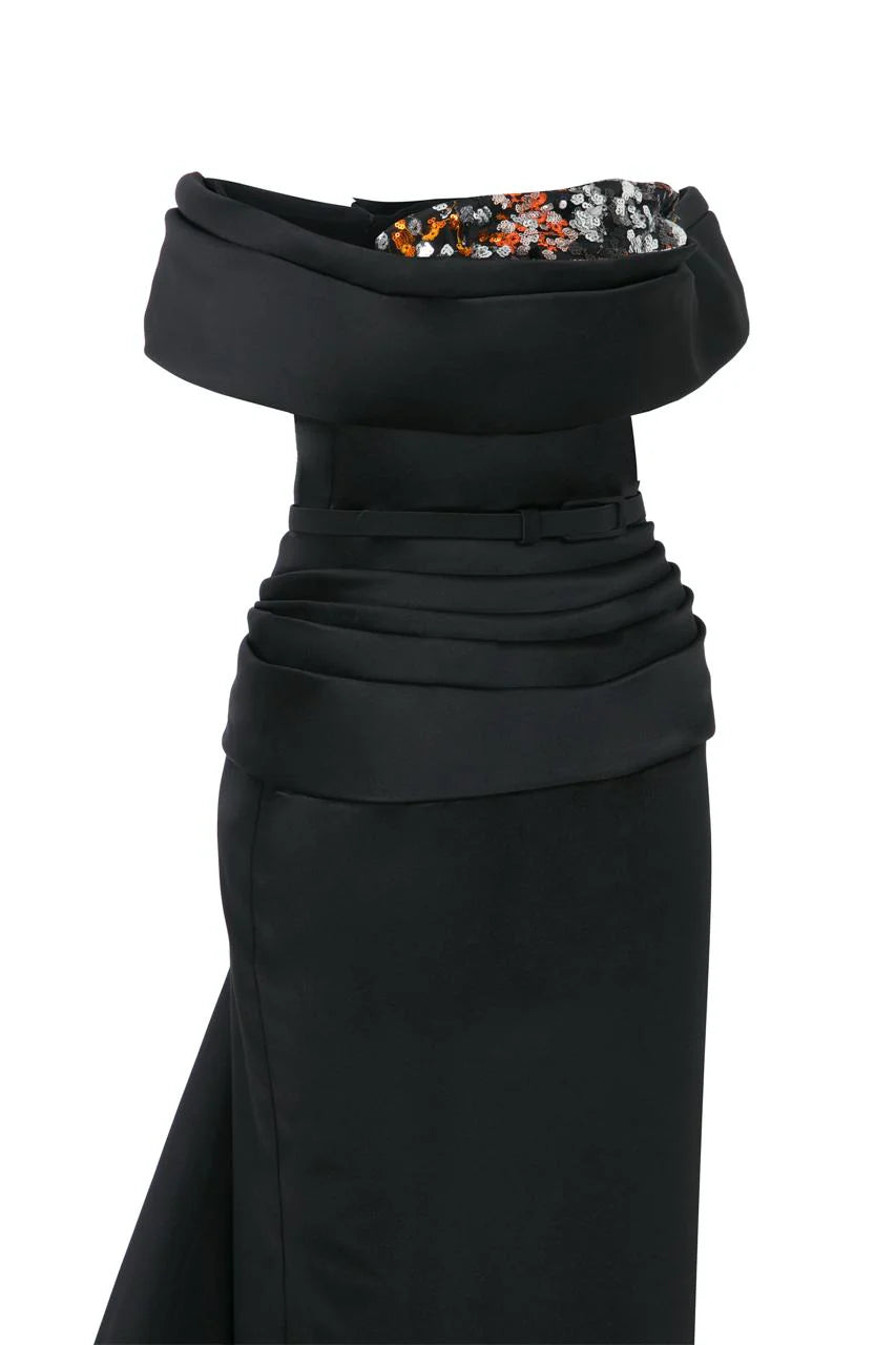 Nour Fathallah N0617 - Strapless Matt Satin & Payet Gown with Tail