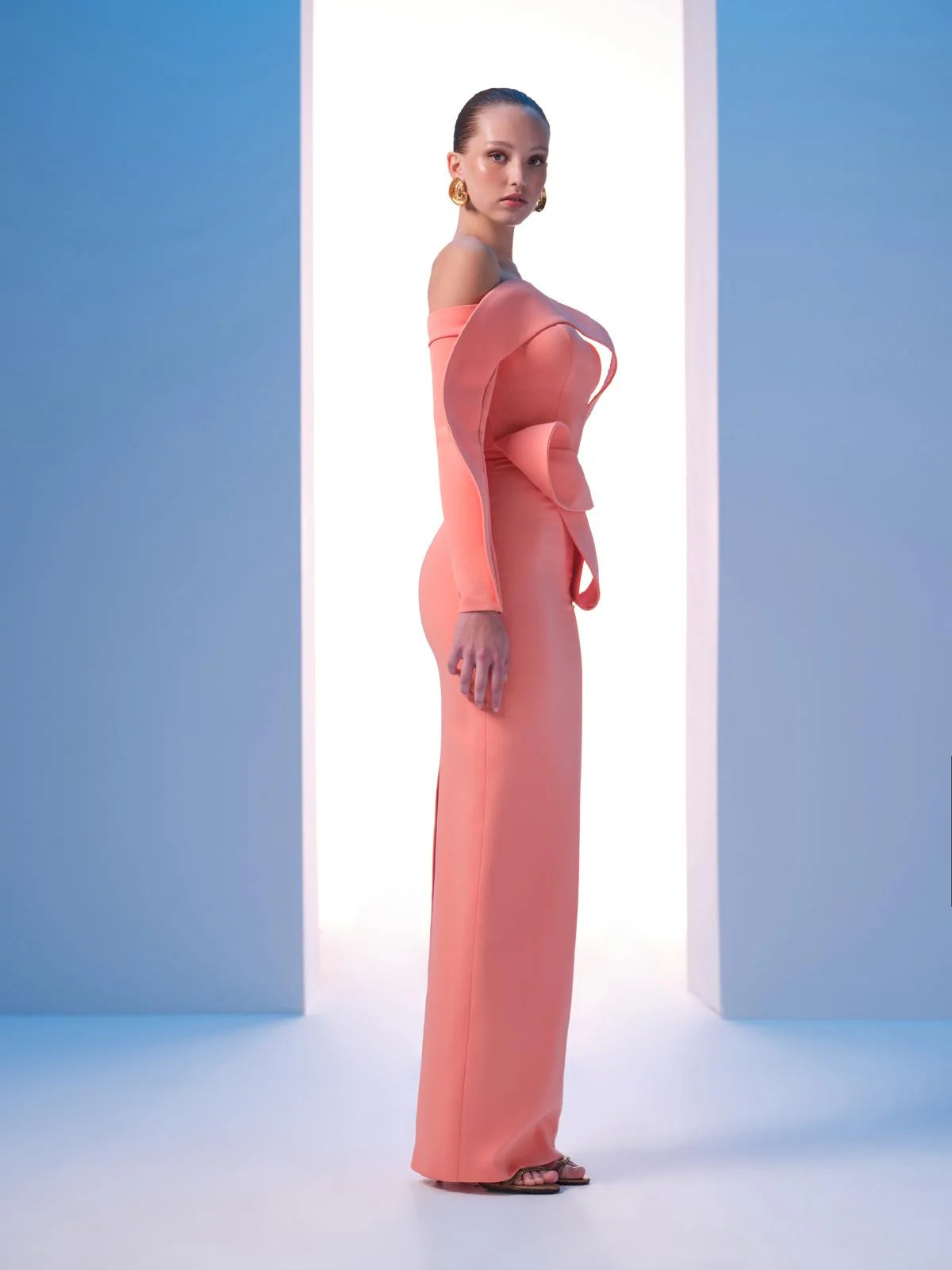 Nour Fathallah N0618 - Strapless Crepe Gown with Single Off-Shoulder Sleeve