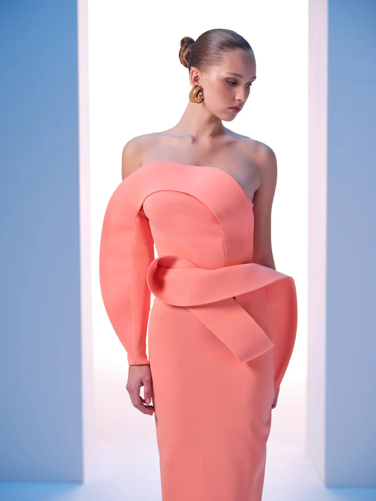 Nour Fathallah N0618 - Strapless Crepe Gown with Single Off-Shoulder Sleeve