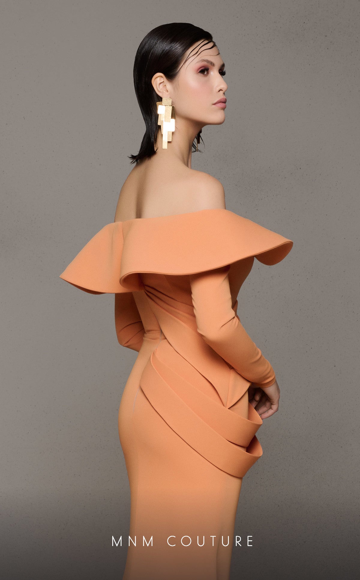 Nour Fathallah N0623 Sunset Orange Off-Shoulder Draped Mermaid Gown