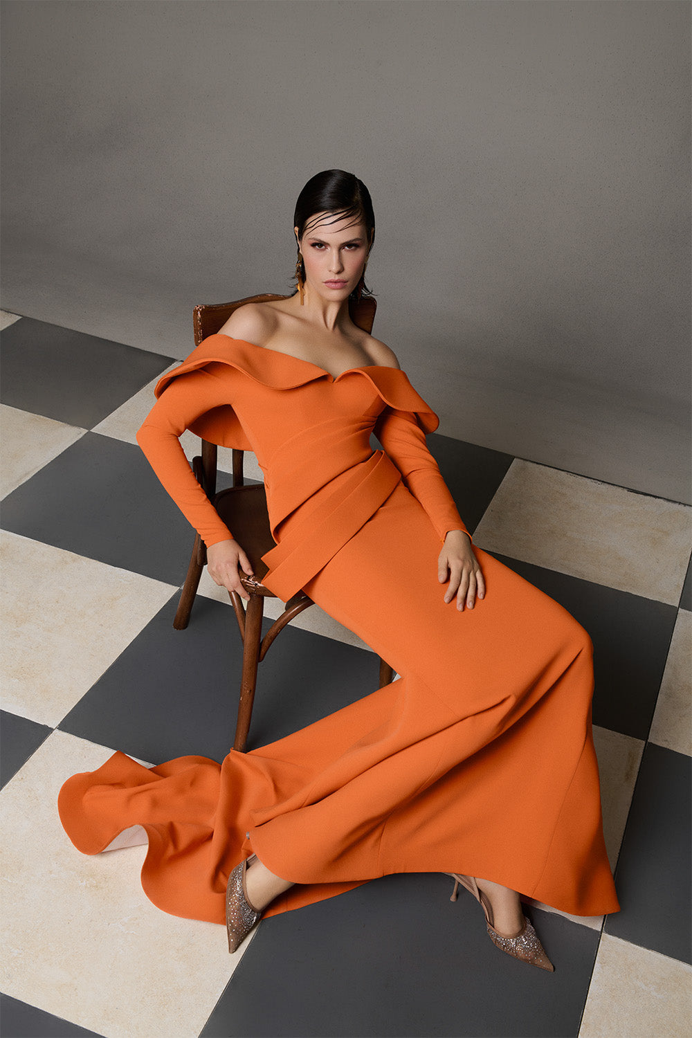 Nour Fathallah N0623 Sunset Orange Off-Shoulder Draped Mermaid Gown