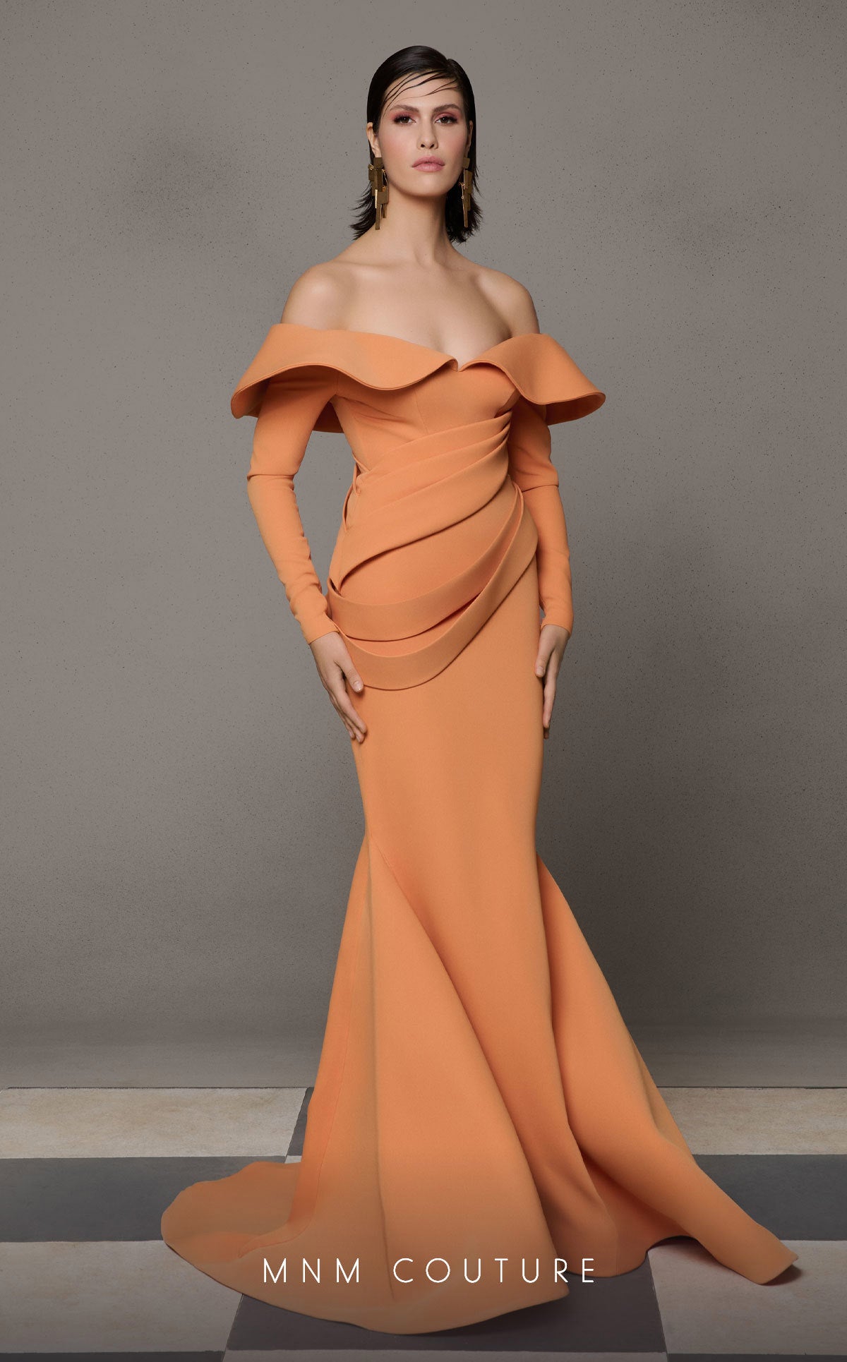 Nour Fathallah N0623 Sunset Orange Off-Shoulder Draped Mermaid Gown