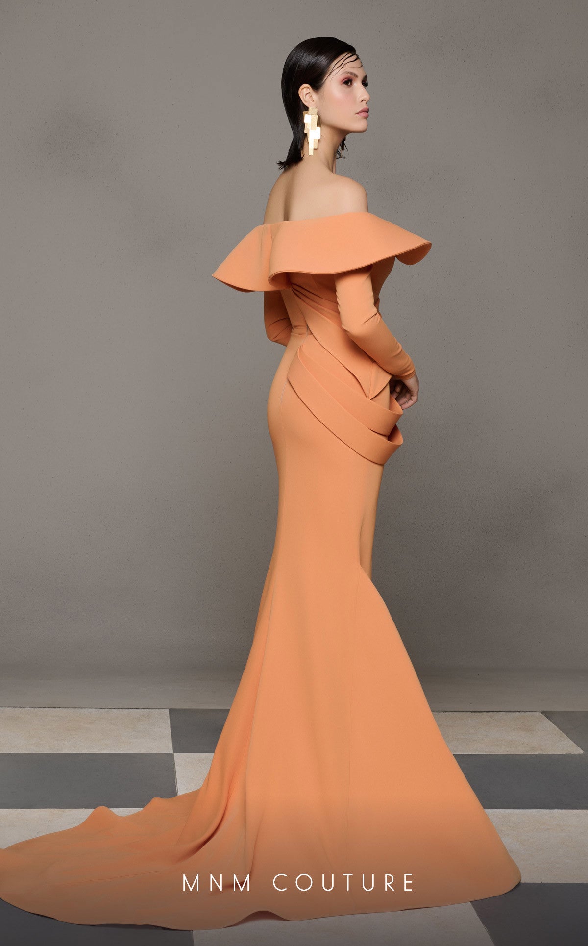 Nour Fathallah N0623 Sunset Orange Off-Shoulder Draped Mermaid Gown