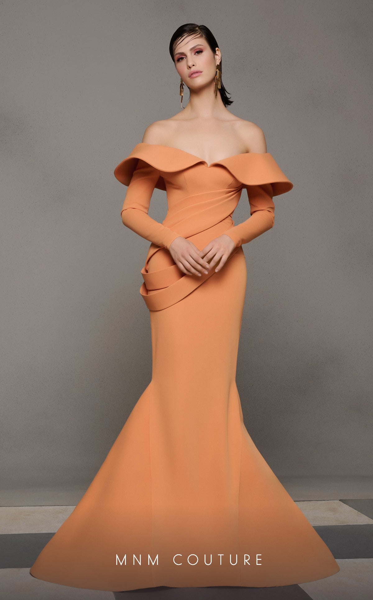 Nour Fathallah N0623 Sunset Orange Off-Shoulder Draped Mermaid Gown
