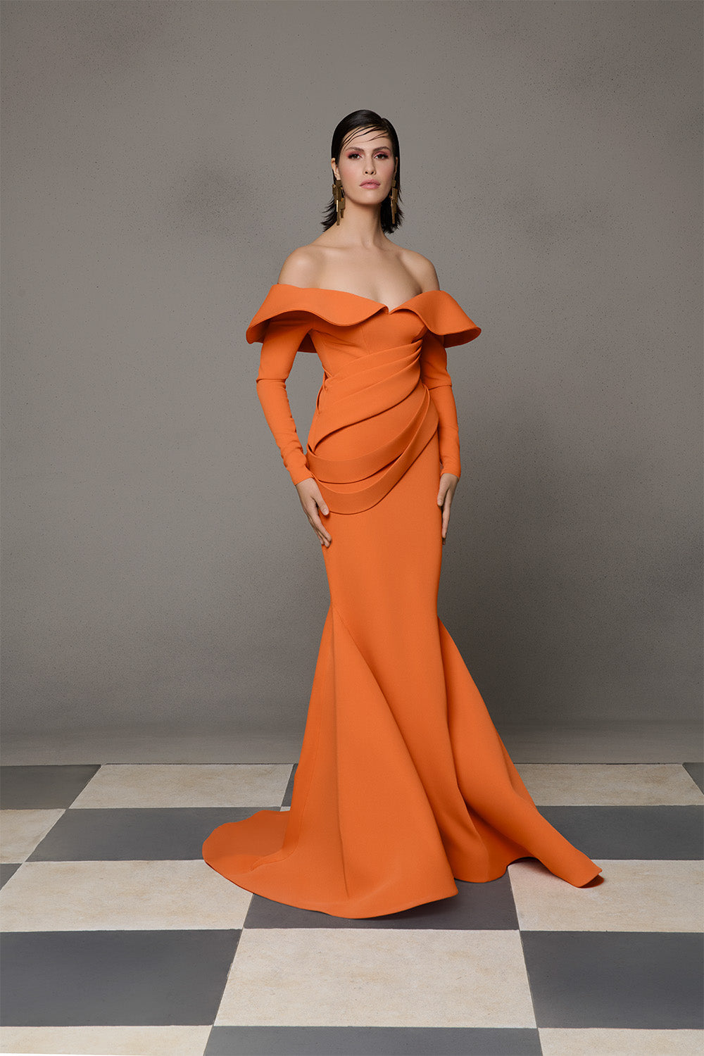 Nour Fathallah N0623 Sunset Orange Off-Shoulder Draped Mermaid Gown