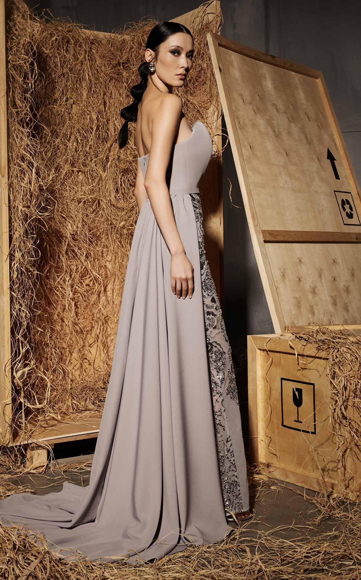 Nour Fathallah N0643 - Grey Embroidered Column Gown with Sweetheart Neckline
