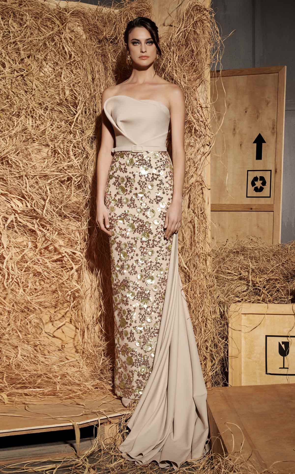 Nour Fathallah N0645 - Off-White Column Gown with Mesh Embroidery