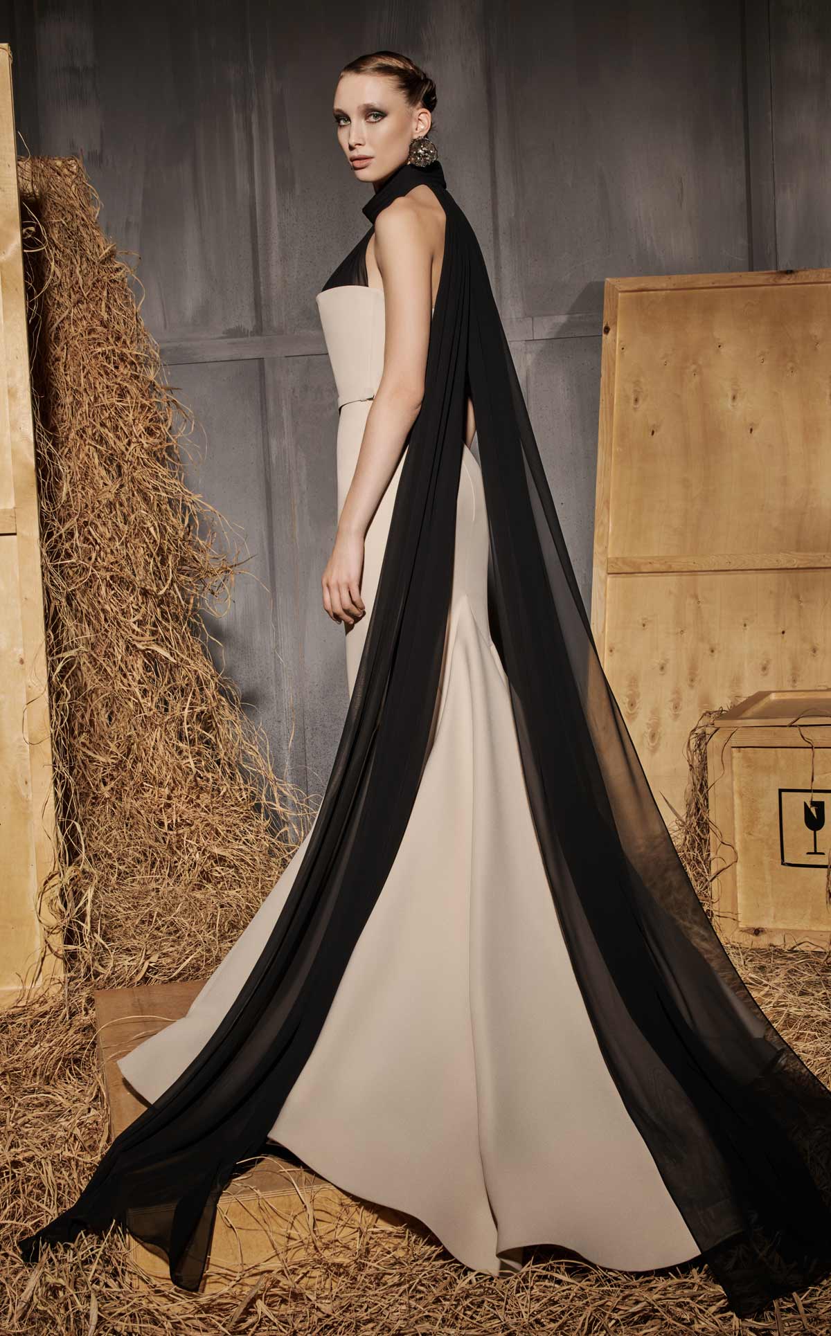 Nour Fathallah N0649 - Luxe Beige Mermaid Gown with Cape & Train