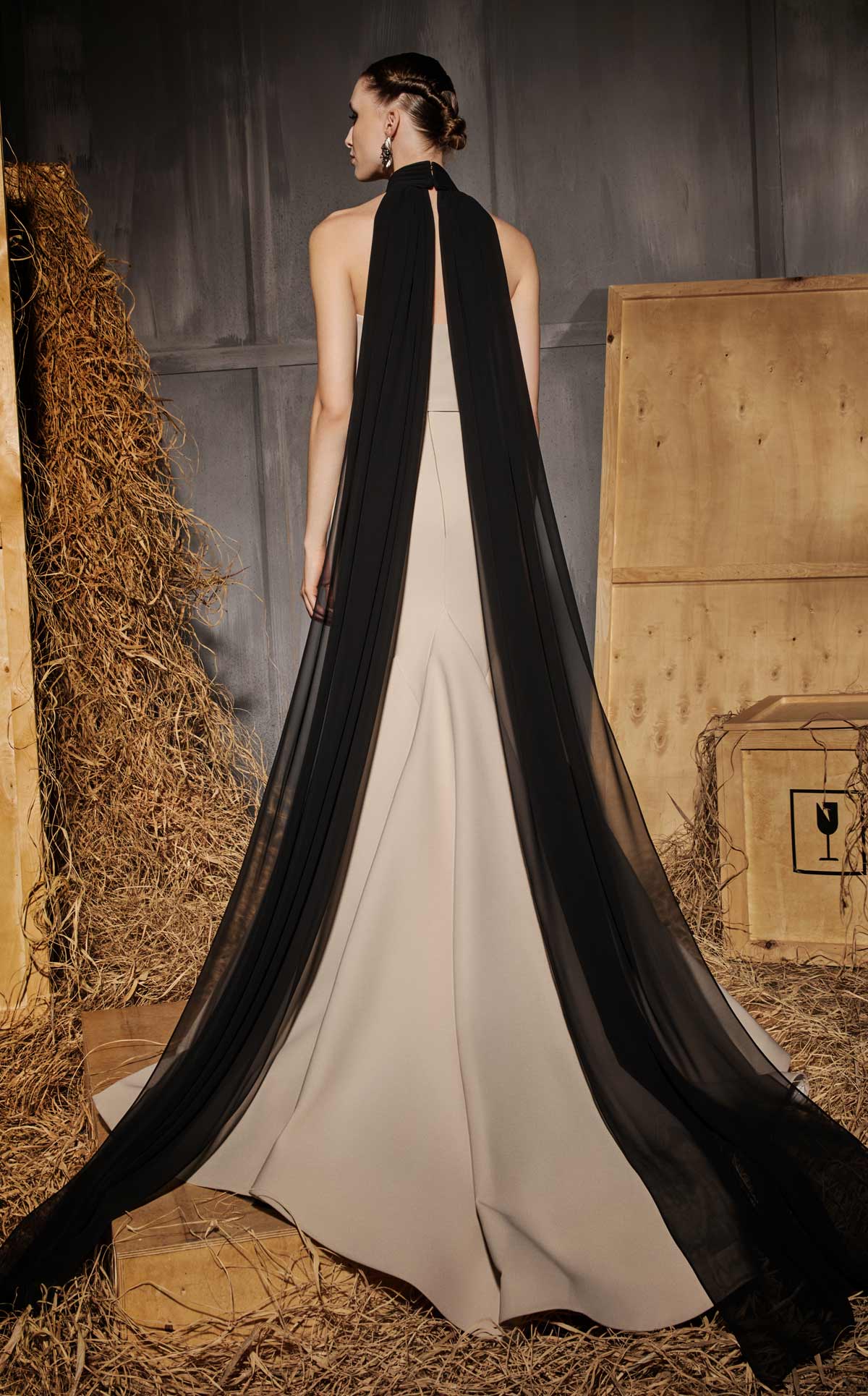 Nour Fathallah N0649 - Luxe Beige Mermaid Gown with Cape & Train