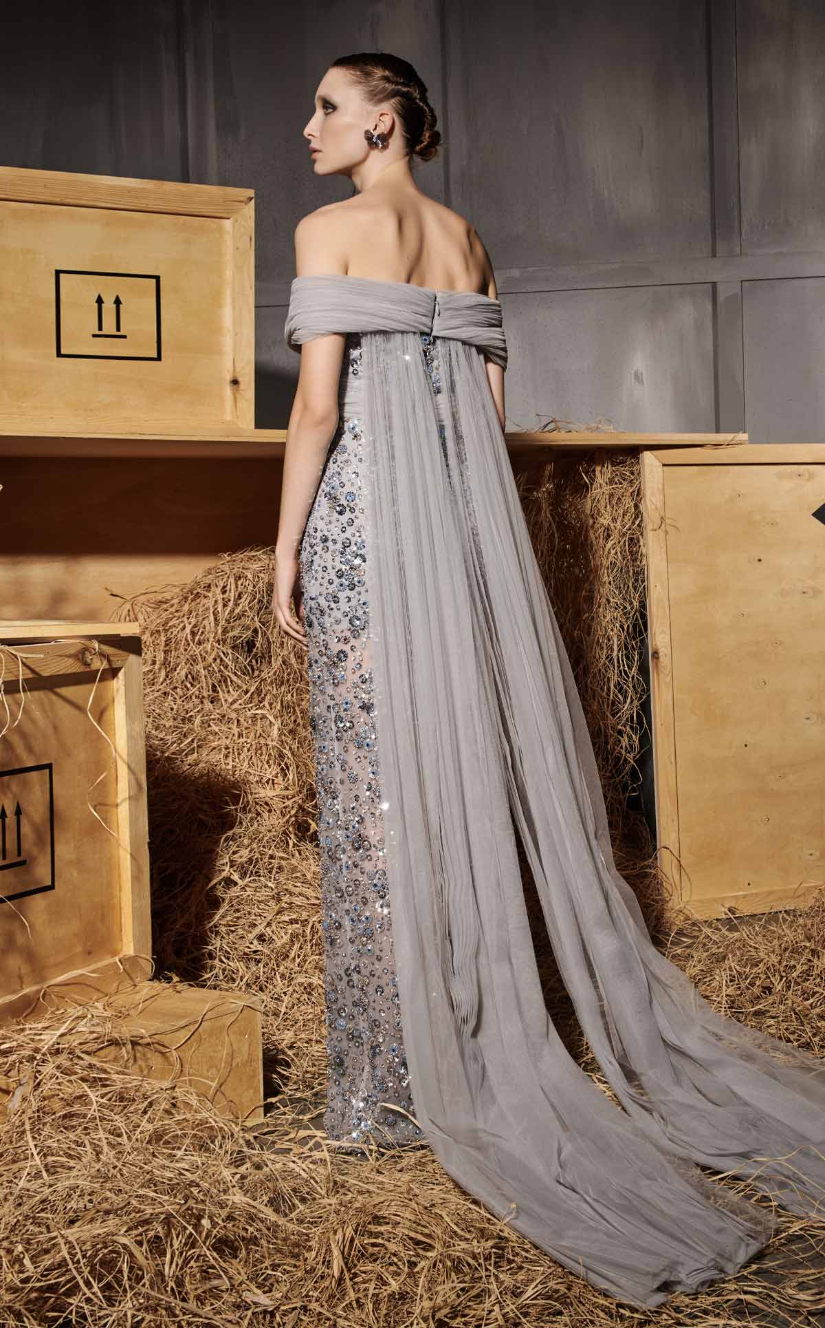 Nour Fathallah N0652 - Embroidered Gray Column Gown with Cape Train