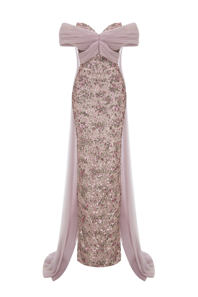 Nour Fathallah N0652 - Embroidered Gray Column Gown with Cape Train