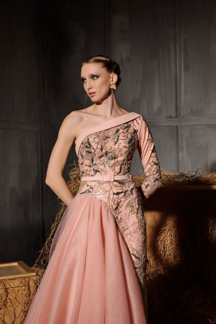 Nour Fathallah N0659 - Whispering Petals Gown with Floral Embroidery