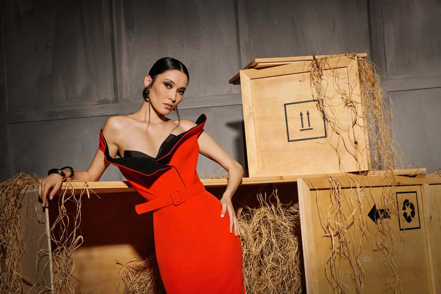 Nour Fathallah N0661 - Coral Mermaid Gown with Asymmetric Neckline
