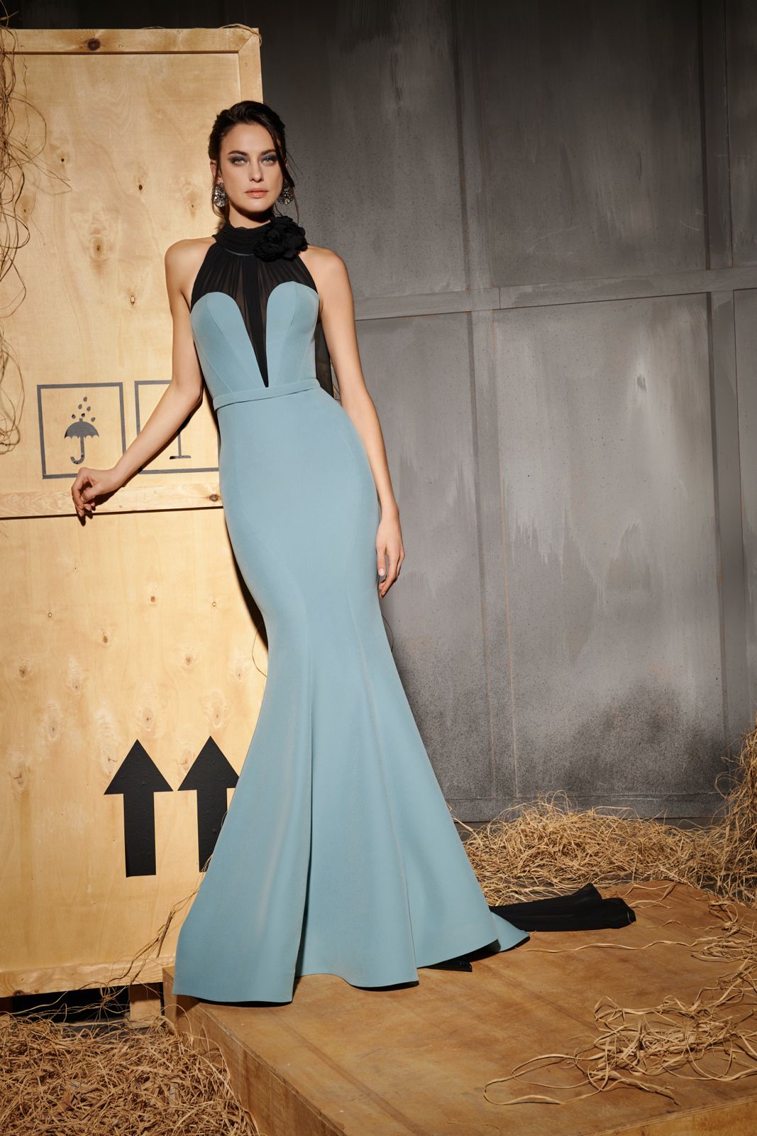 Nour Fathallah N0662 - Blue & Black Color Block Mermaid Gown