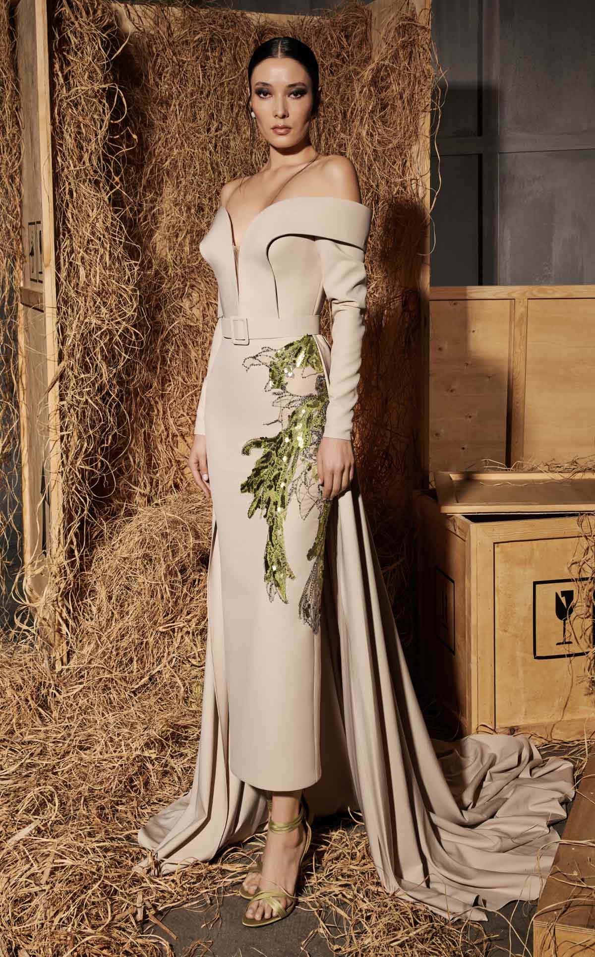 Nour Fathallah N0666 - Beige Column Gown with Off-Shoulder Sleeves