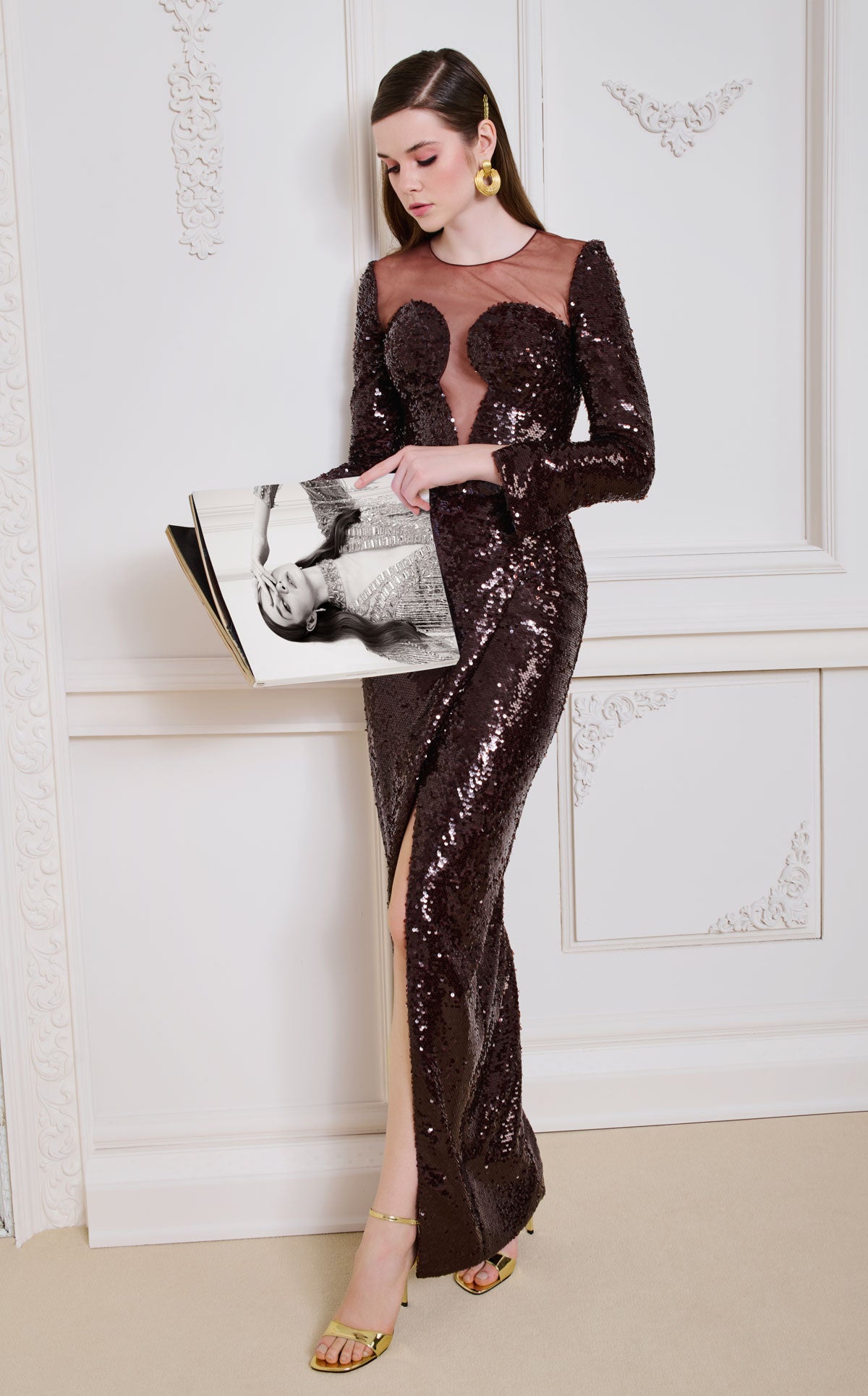 Nour Fathallah N0668 Brown Sequin Illusion Neckline Column Gown with High Slit