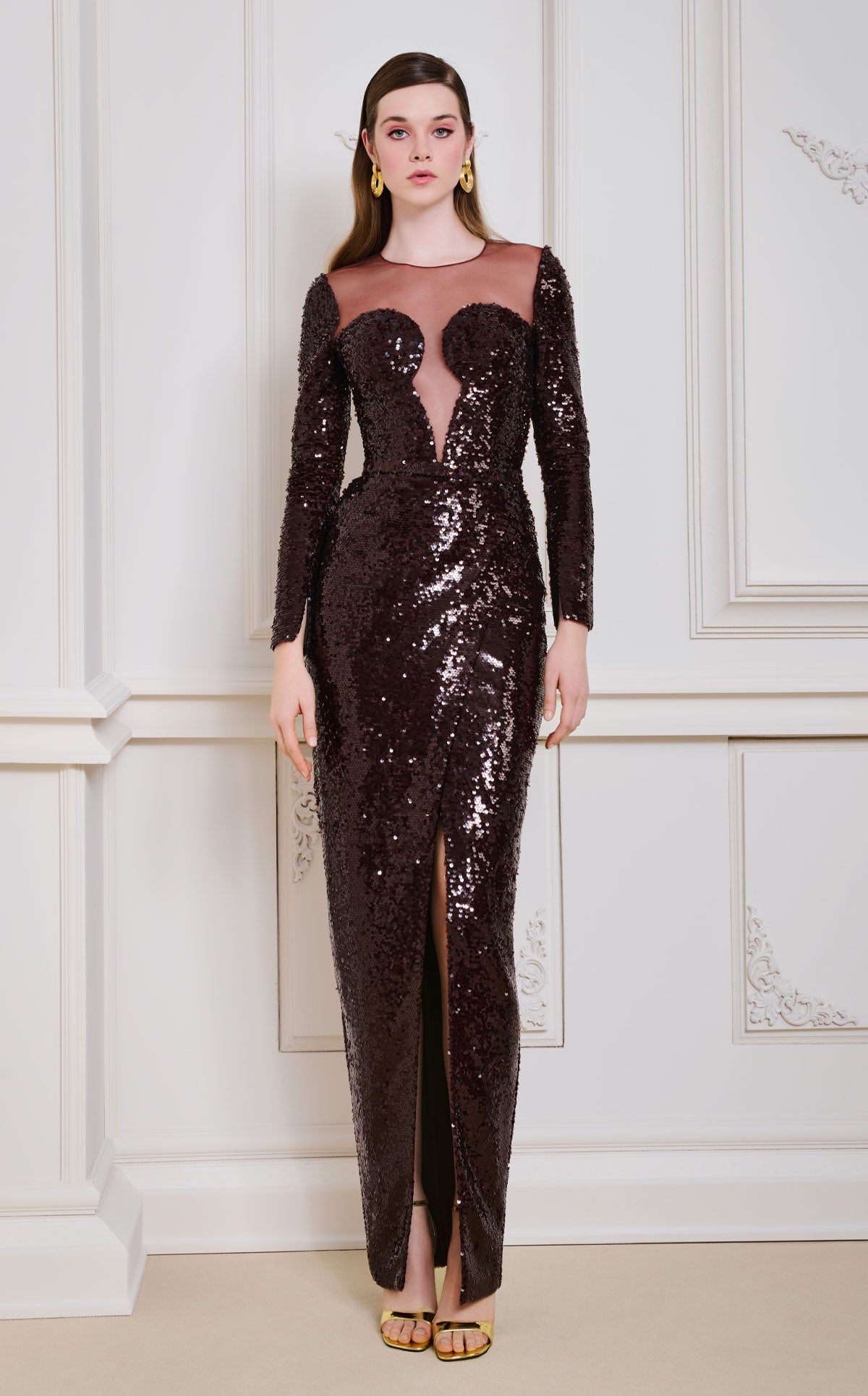 Nour Fathallah N0668 Brown Sequin Illusion Neckline Column Gown with High Slit
