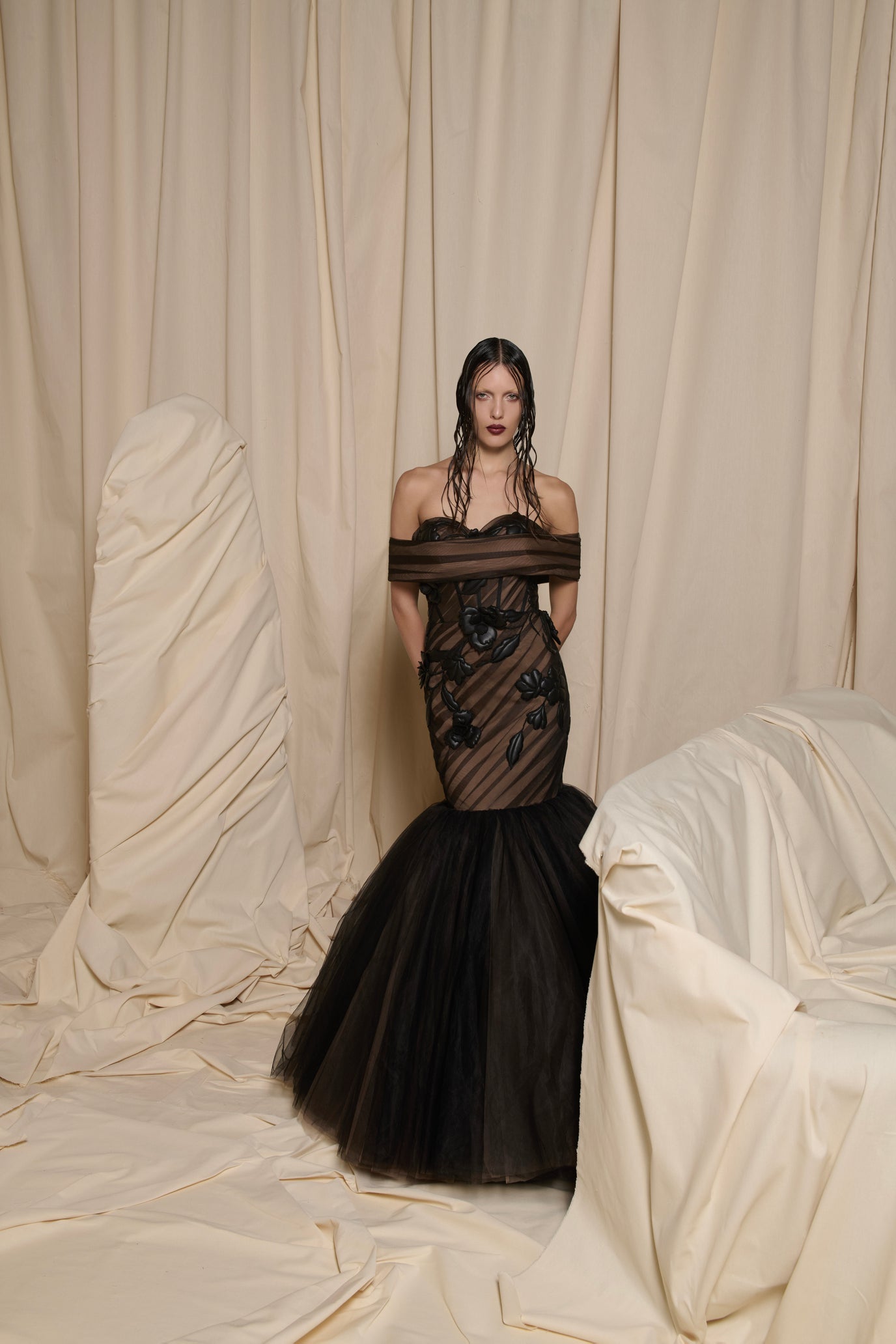 Nour Fathallah N0693 - Black Tulle Mermaid Gown with Floral Appliqués